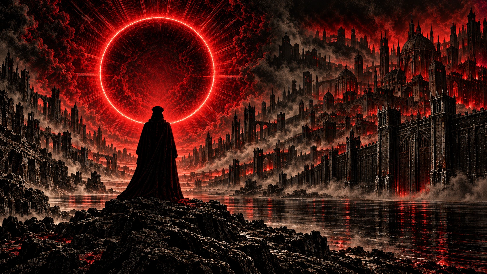 Dante facing an infernal landscape beneath a red halo