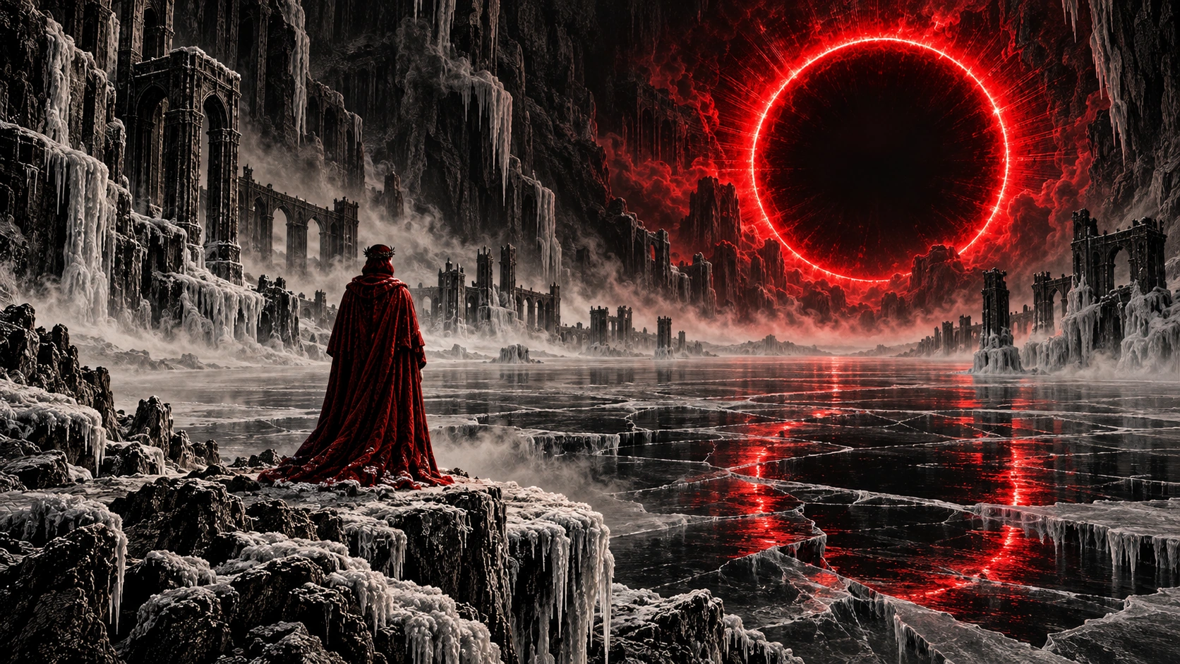 Dante on a frozen shore, facing a crimson halo reflected across the black ice of Cocytus
